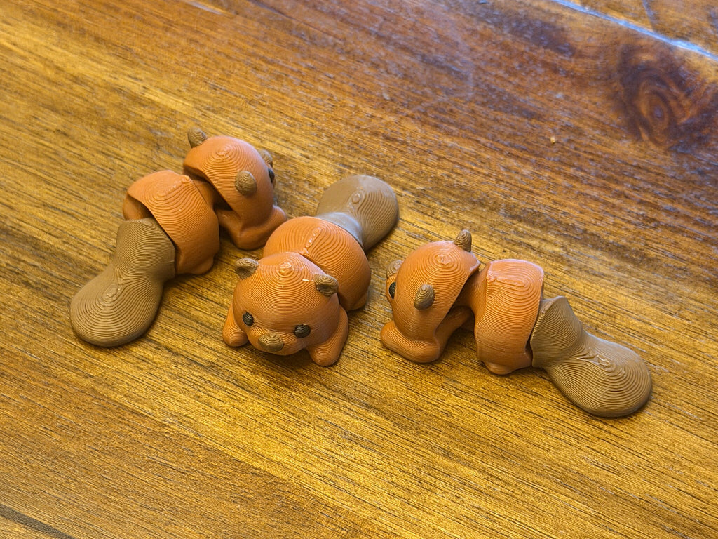 Three flexi beavers on a wood table shown from different angles