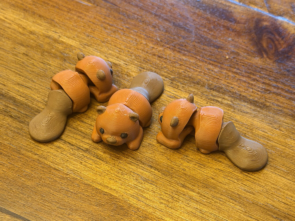 Three flexi beavers on a wood table shown from different angles