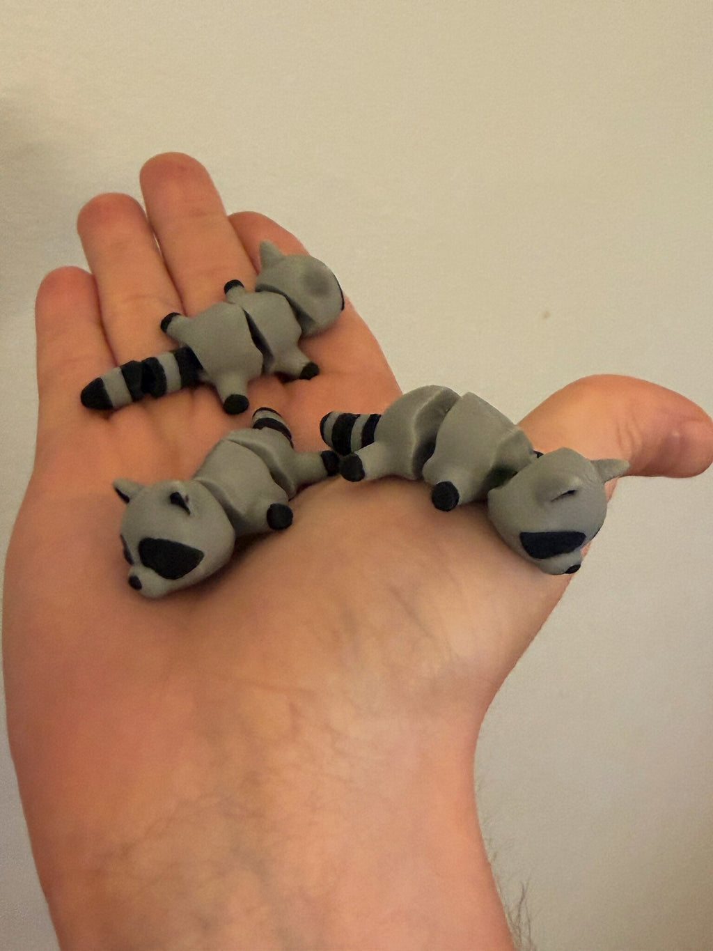 Three Mini Flexi Raccoons resting in an open palm to show their small size
