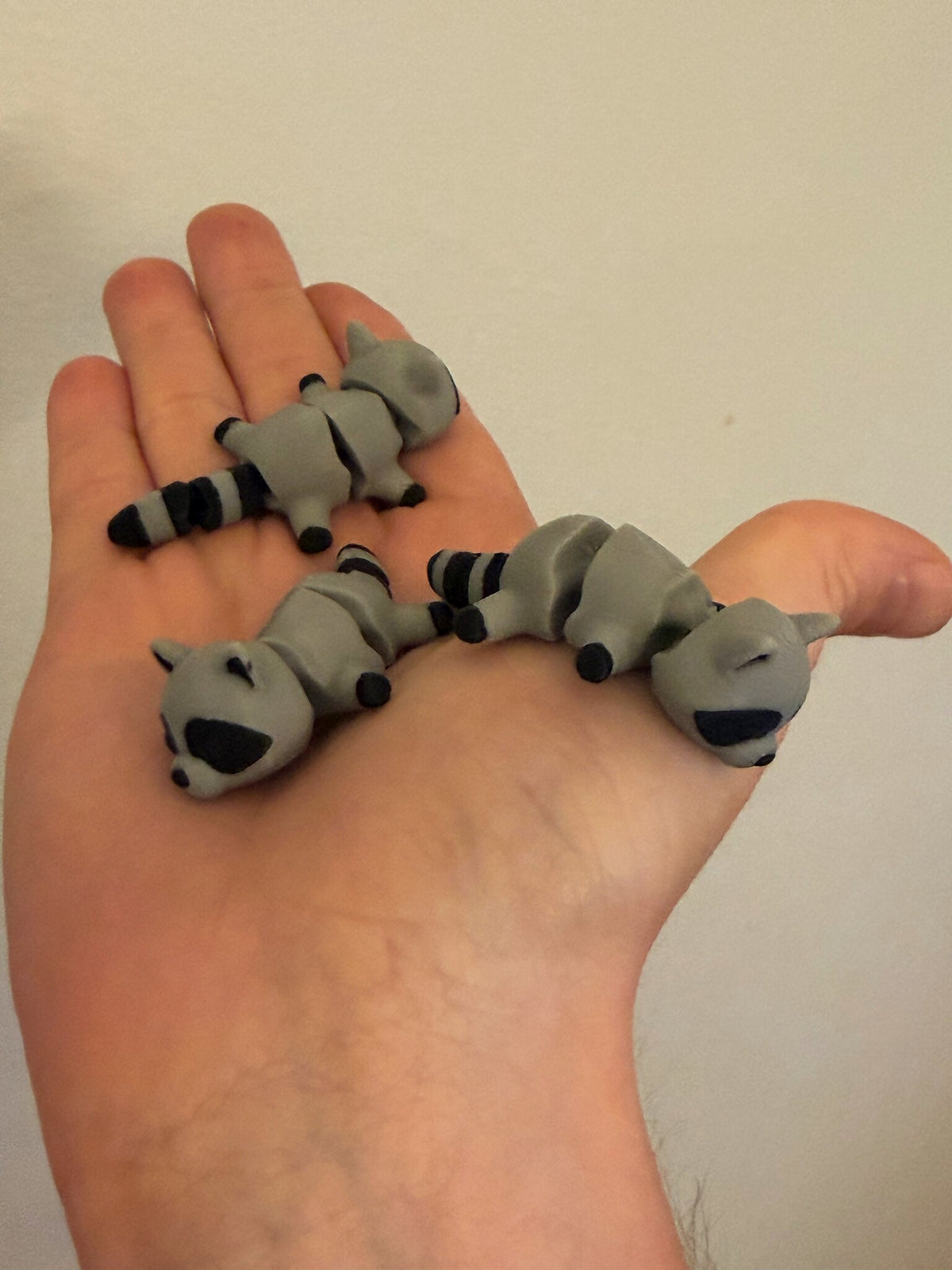 Three Mini Flexi Raccoons resting in an open palm to show their small size